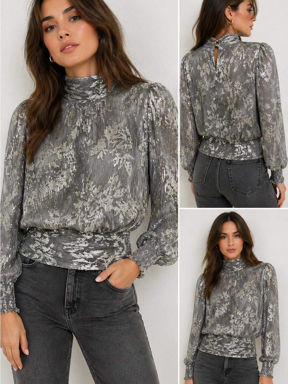 Joie Metallic Floral Pleated Blouse Top Gray Silver High
Neck Long Sleeve
Size L - Picture 2 of 9